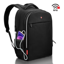 Load image into Gallery viewer, all4way Premium Laptop Backpack for Women Men with USB port and RFID, 17&quot; Swiss Design Anti-Theft Waterproof with Rain Cover, Durable &amp; Soft 1680d polyester black night
