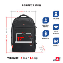 Laden Sie das Bild in den Galerie-Viewer, all4way Premium Laptop Backpack for Women Men with USB port and RFID, 17&quot; Swiss Design Anti-Theft Waterproof with Rain Cover, Durable &amp; Soft 1680d polyester black night
