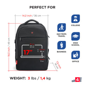 Laptop Backpack for Business & Travel. Men - Women SWISS Design with USB 17" all4way